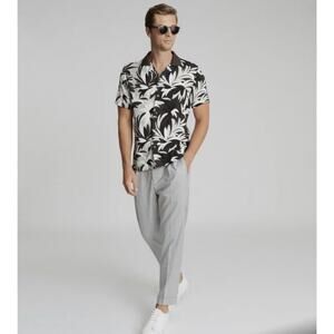 Reiss Men’s Harding Printed Cuban Collar Shirt Size M Black/Gray